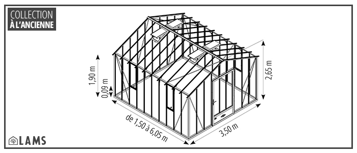Authentique 3 50M - Serre AUTHENTIQUE largeur 3,50m sur base aluminium
