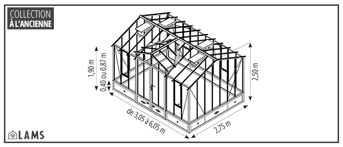 Classique 2 75M Ca Muret - Serre CLASSIQUE largeur 2,75 m avec chien-assis sur embase aluminium