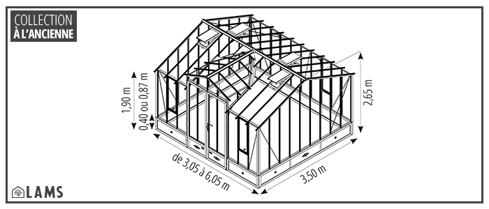 Classique 3 50M Ca Muret - Serre CLASSIQUE largeur 3,50 m avec chien-assis sur embase aluminium