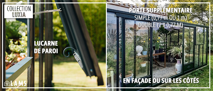 Option collection serre LUXIA - lucarne de paroi, porte supplémentaire en façade et/ou sur les côtés