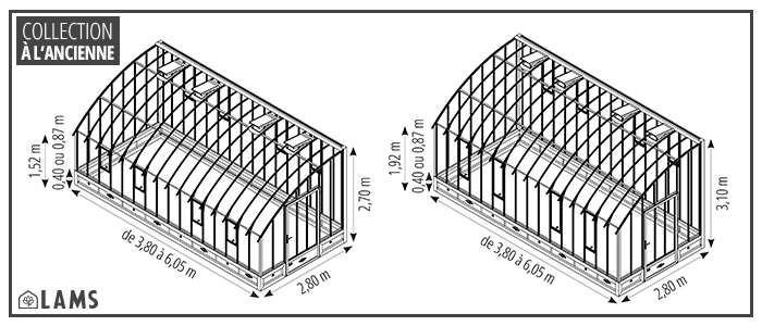 Versailles 2 80M - Serre VERSAILLES largeur 2,80 m sur embase aluminium