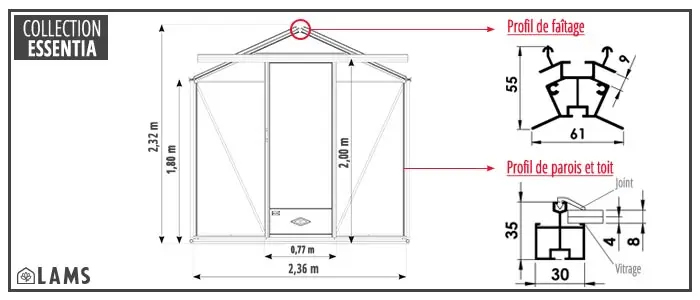 Dimension Facade 236 2021 - Serre ESSENTIA largeur 2,36 m