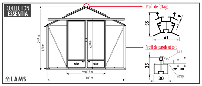 Dimension Facade 309 2025 - Serre ESSENTIA largeur 3,09 m