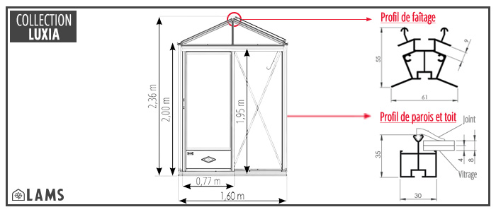 Dimensions Luxia Facade 160 Emma - Serre LUXIA largeur 1,60 m