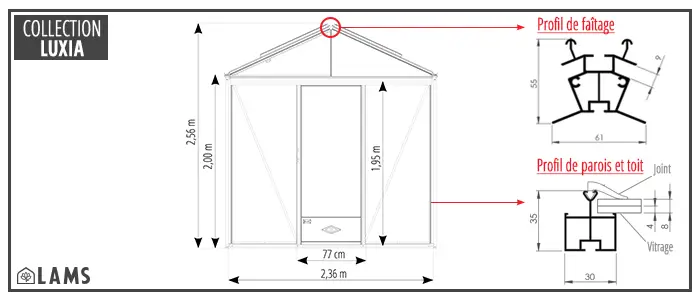Dimensions Luxia Facade 236 - Serre LUXIA largeur 2,36 m