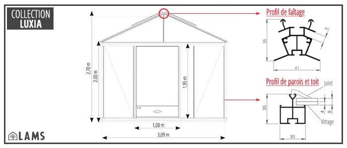 Dimensions Luxia Facade 309 - Serre LUXIA largeur 3,09 m