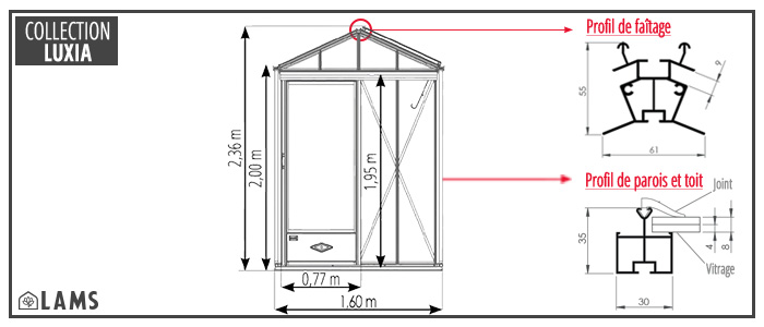 Dimensions Luxia Rétro Facade 160 Emma - Serre LUXIA Rétro largeur 1,60 m