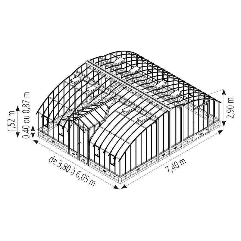 Serre de jardin AMBOISE largeur 7,40 m sur muret - Fabrication française LAMS