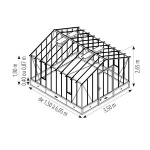 Serre de jardin CLASSIQUE largeur 3,50 m avec chien-assis sur muret - Fabrication française LAMS