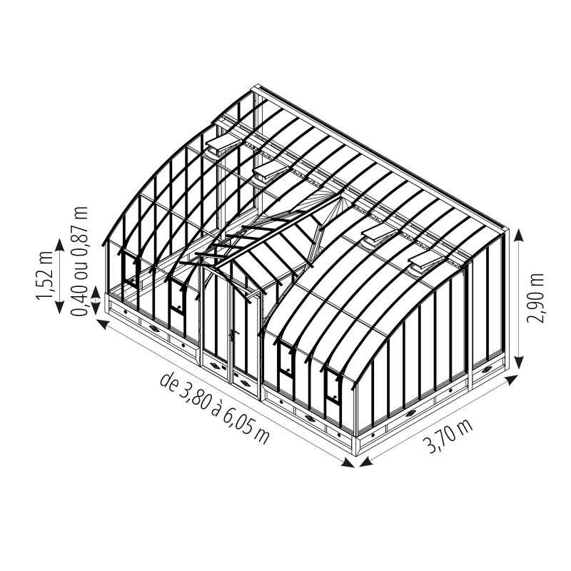 Serre de jardin MONTESQUIEU largeur 3,70 m sur muret - Fabrication française LAMS